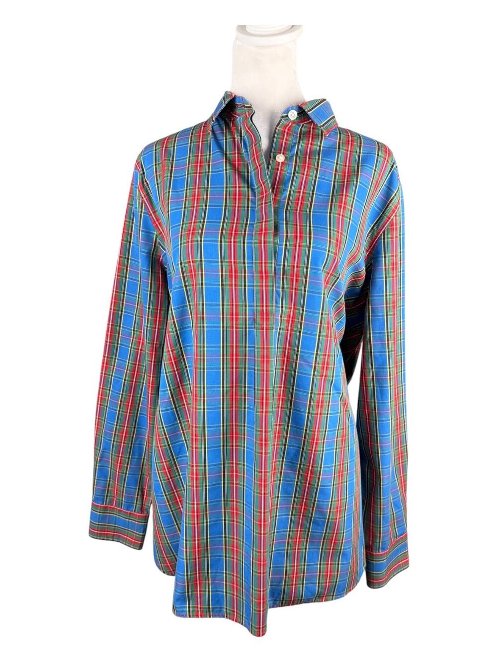 Lands End Women's 14 No Iron Supima Popover Top Blouse Blue Plaid Tunic Shirt